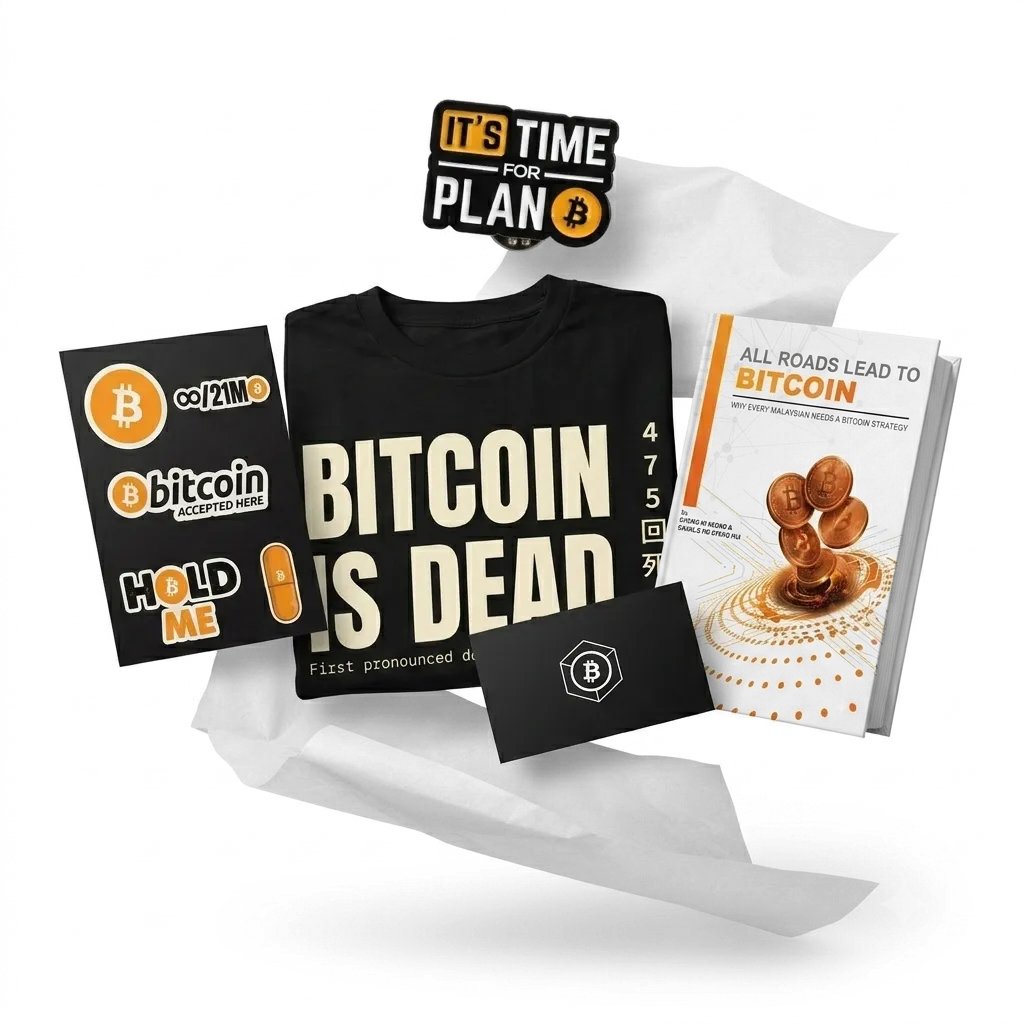 Everything in the bitcoinbox¹ — Bitcoin Is Dead tee, All Roads Lead to Bitcoin book, Plan B pin, sticker sheet and Skeptic's Starter Kit card